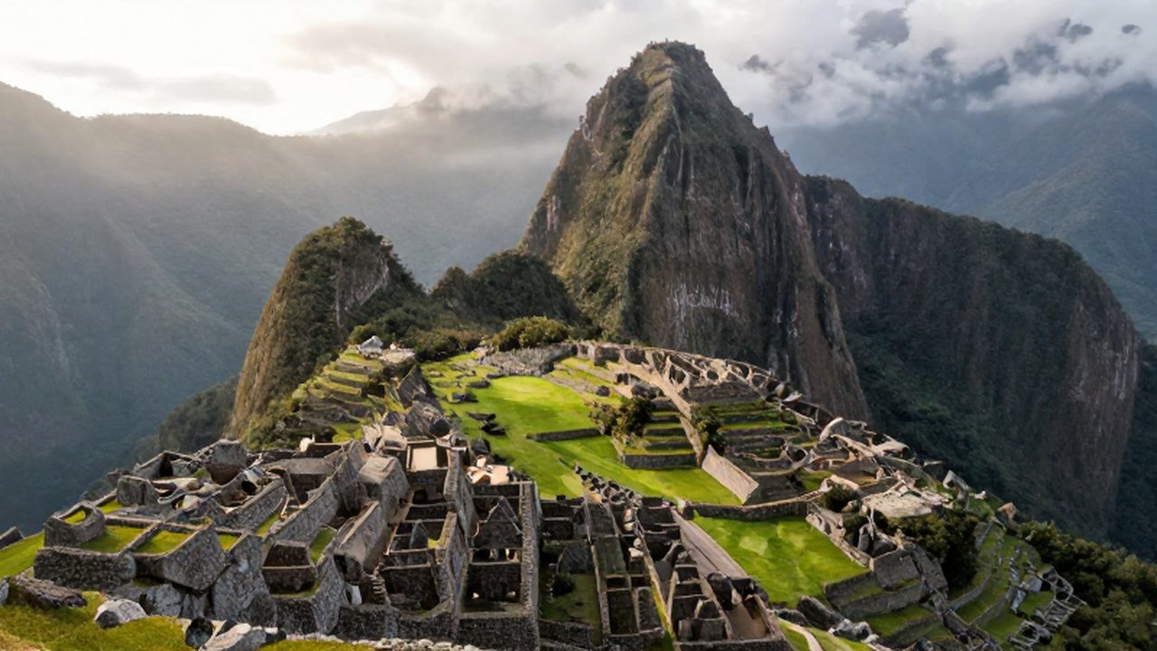 Vista panorámica de las ruinas de Machu Picchu entre montañas andinas envueltas en neblina.