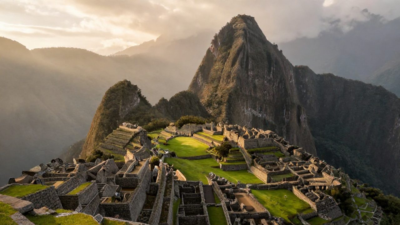 La ciudadela de Machu Picchu iluminada por el sol del amanecer entre montañas nubladas.