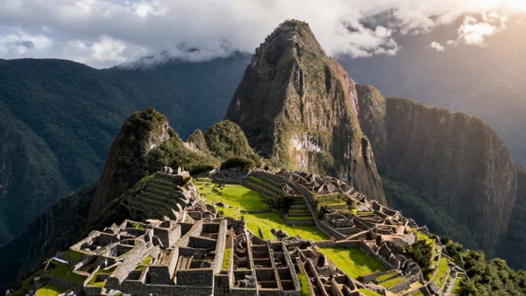 Vista aérea de la ciudadela de Machu Picchu entre montañas verdes y nubes matinales.