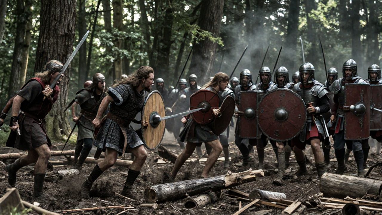 Guerreros galos y legiones romanas se enfrentan en un caótico combate dentro de un bosque.
