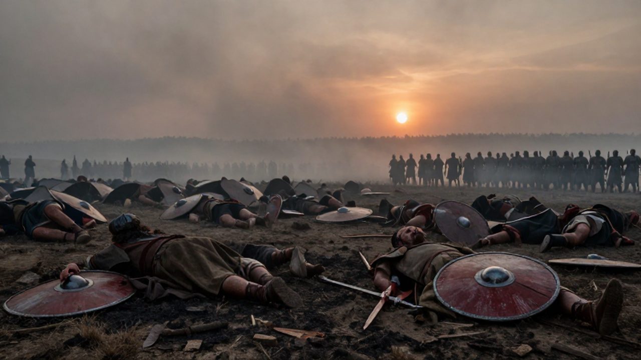 Campo de batalla galo tras la conquista con guerreros caídos bajo un atardecer brumoso.