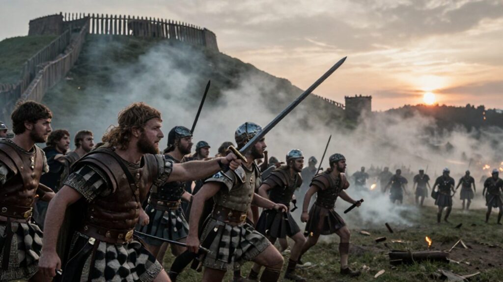 Vercingétorix lidera una carga de guerreros galos frente a las legiones romanas en un fortín.