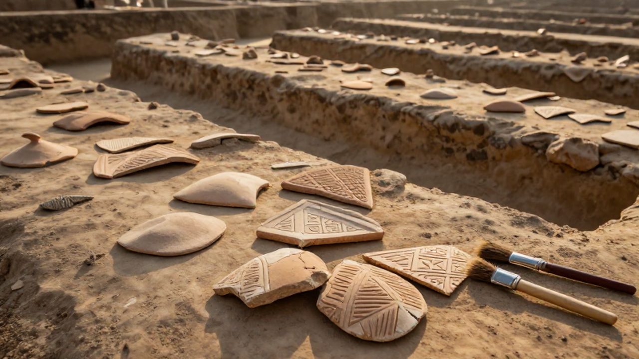 Fragmentos de cerámica antigua con patrones geométricos esparcidos entre las herramientas de un yacimiento arqueológico.