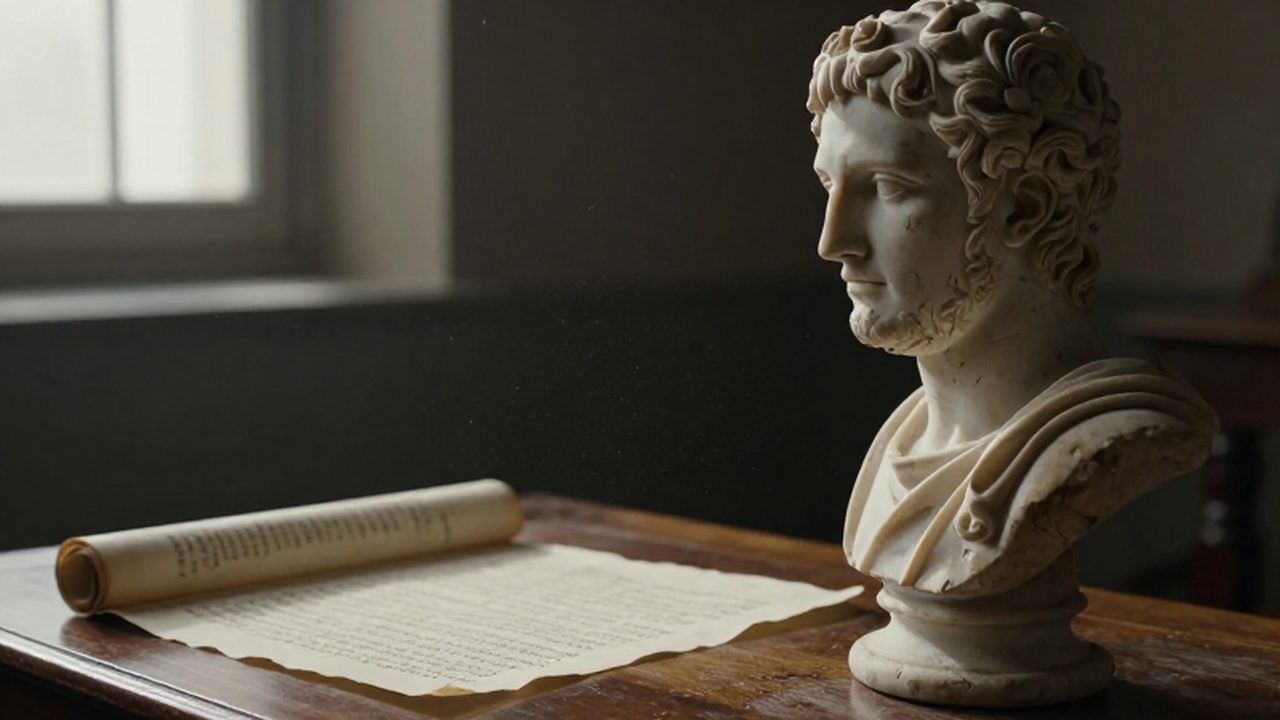 Busto de mármol de un filósofo griego sobre un escritorio de madera junto a un pergamino antiguo.