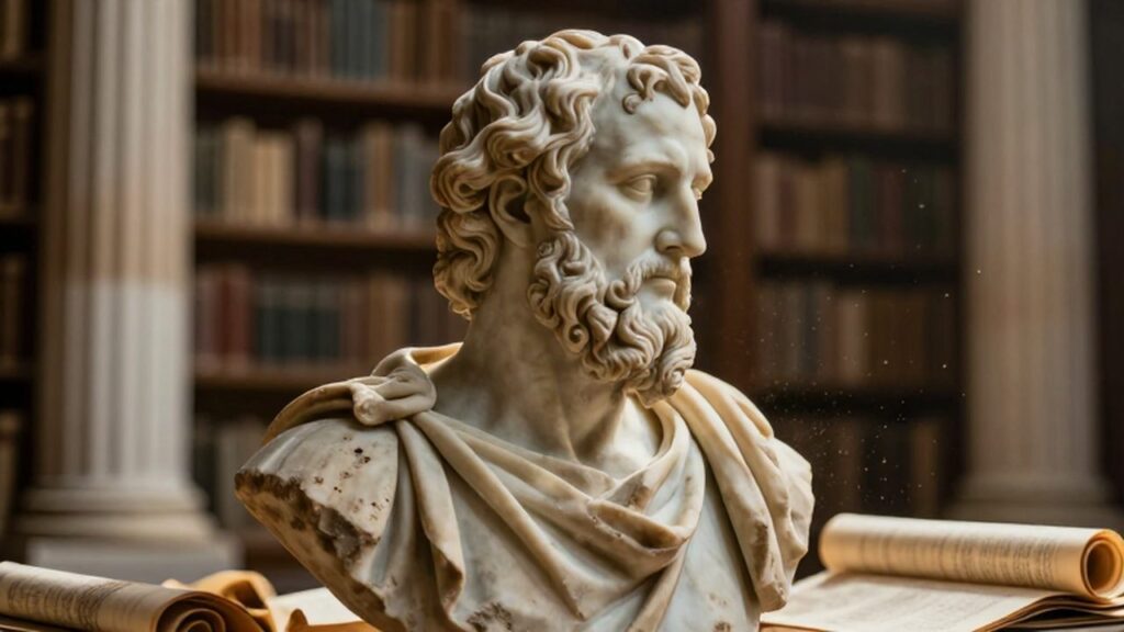 Busto de mármol de Sócrates entre pergaminos en una biblioteca griega iluminada por el sol.