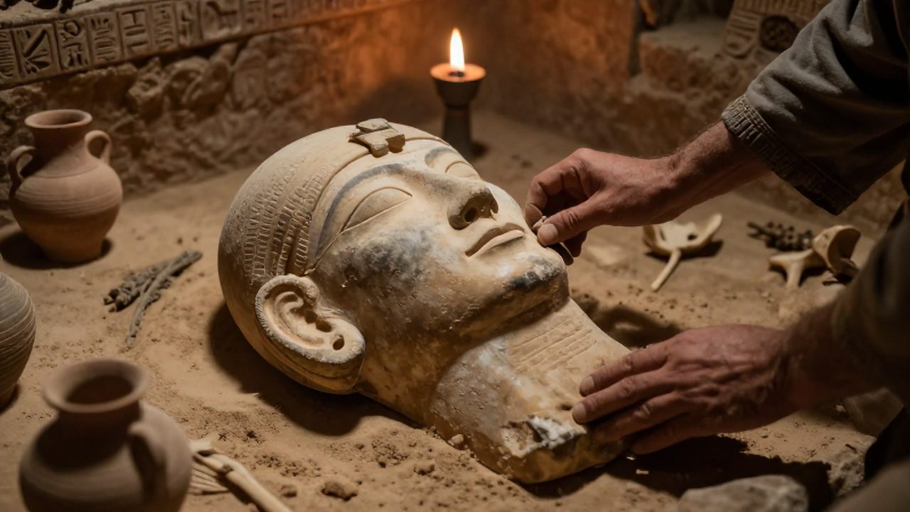 Manos de un arqueólogo limpiando con un pincel una máscara funeraria en una tumba antigua.