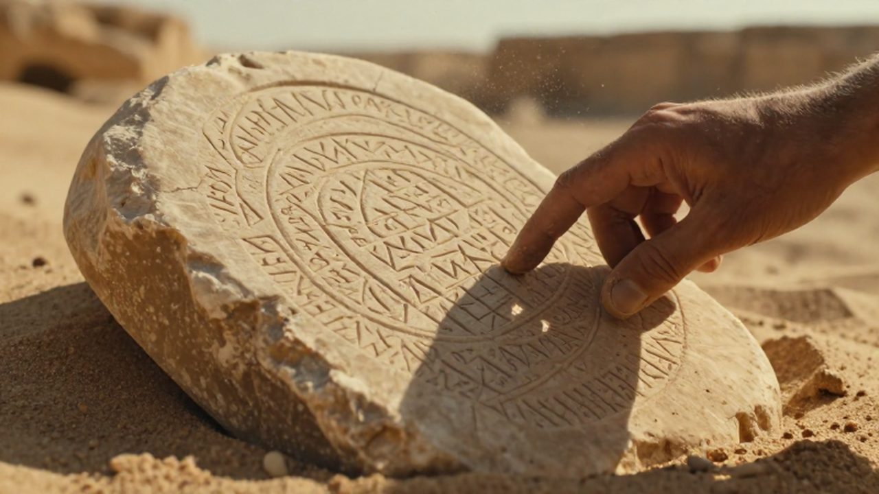 Una mano recorre los grabados geométricos de una antigua tablilla de piedra entre la arena del desierto.