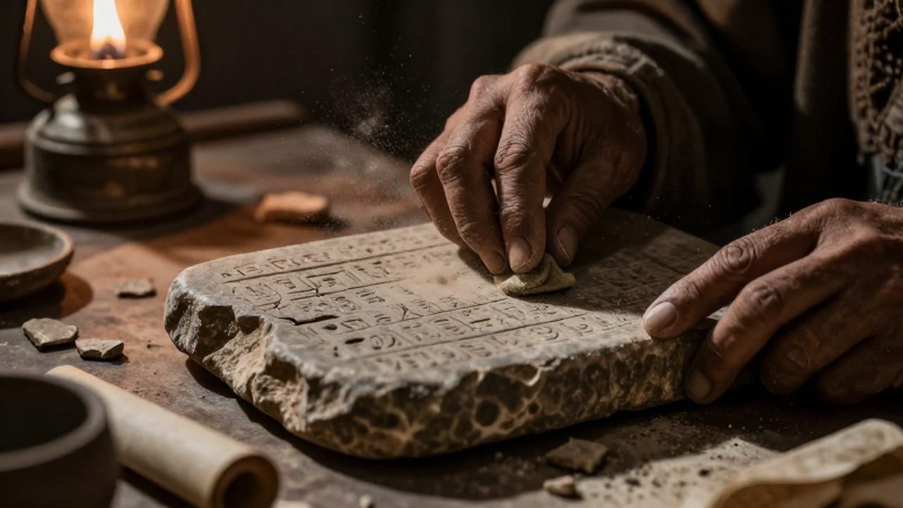 Manos de un erudito limpiando cuidadosamente una tablilla de piedra con jeroglíficos bajo la luz de una lámpara.