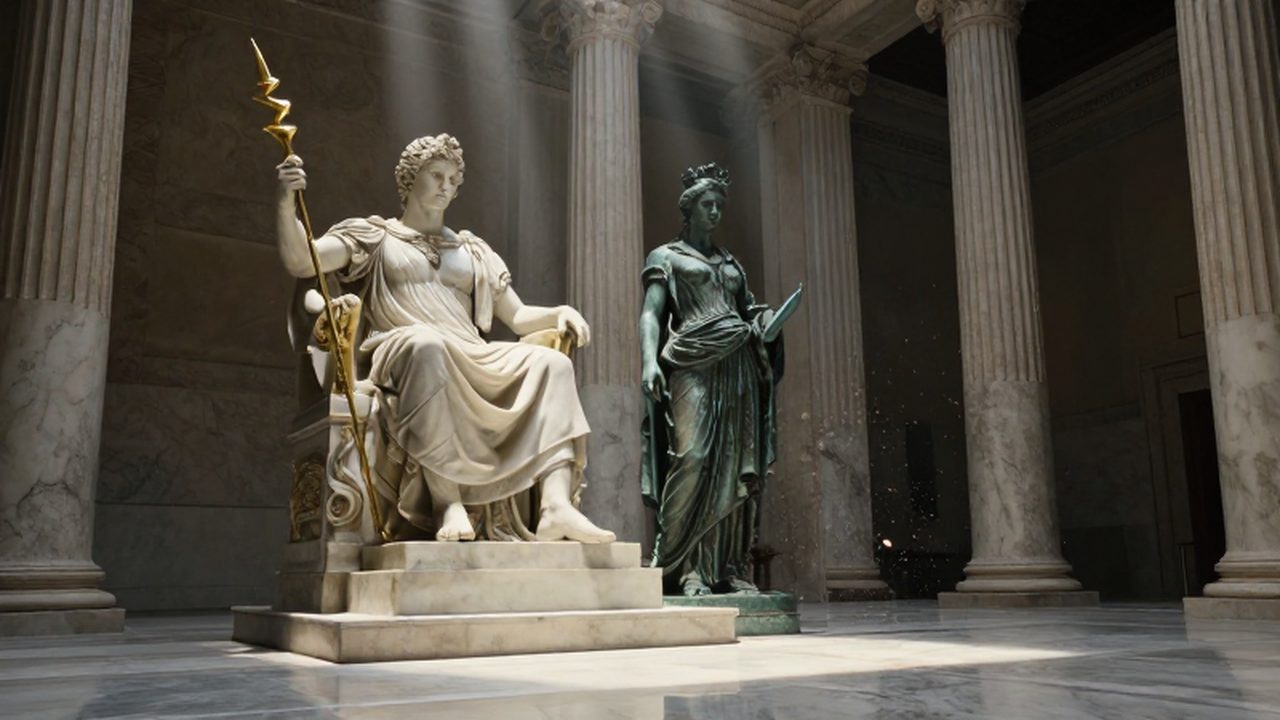 Estatua de mármol de Júpiter con un rayo dorado junto a una figura de bronce de Juno en un templo romano.