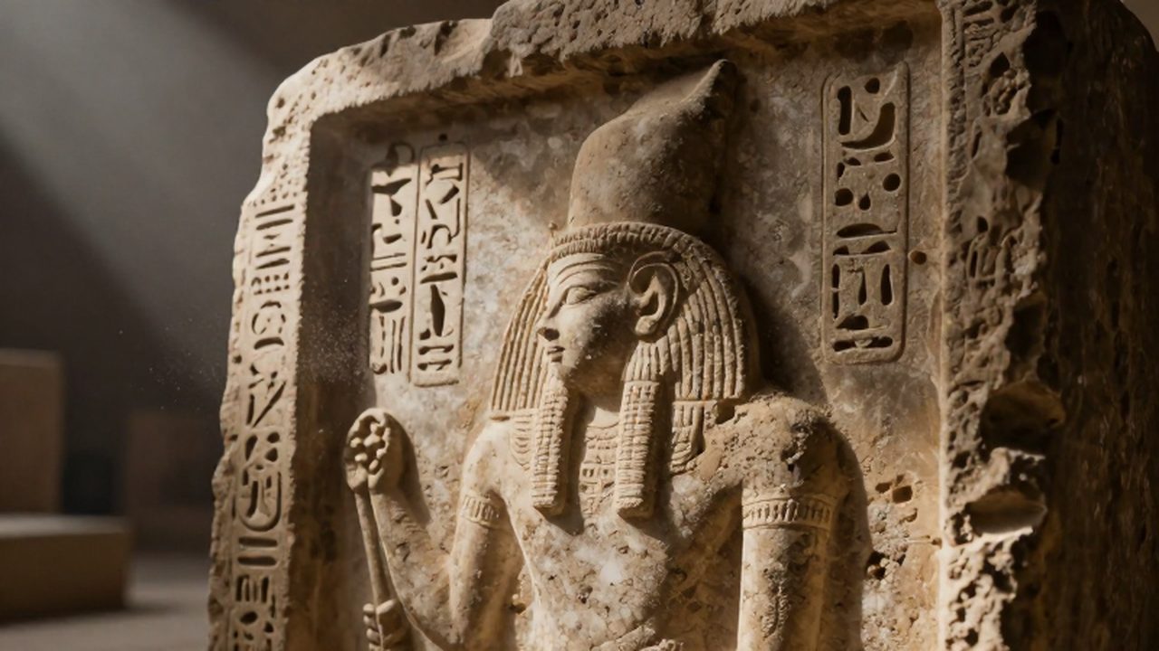 Relieve de piedra de una deidad antigua con jeroglíficos tallados en una excavación arqueológica.