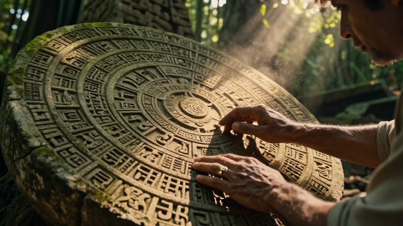 Manos envejecidas de un astrónomo maya recorriendo glifos en un calendario de piedra bajo la luz del bosque.
