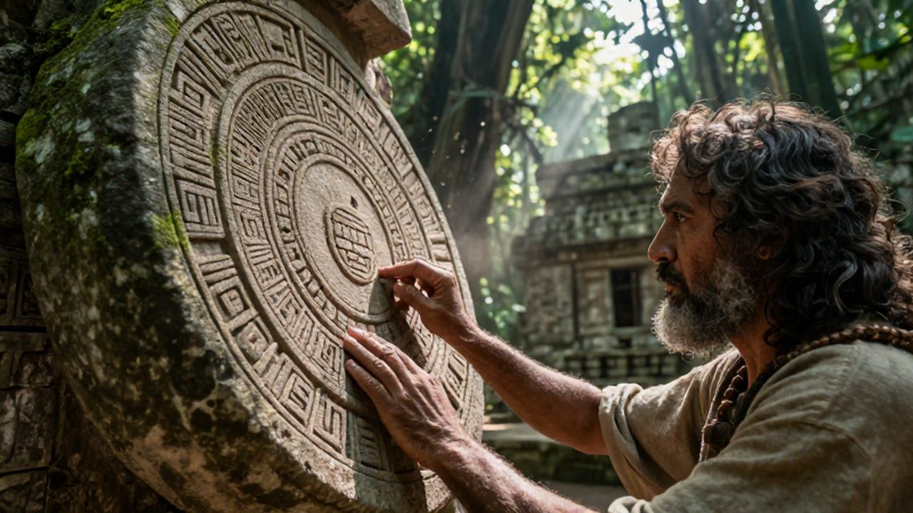 Astrónomo maya concentrado mientras recorre con sus manos los glifos tallados en una estela de piedra.