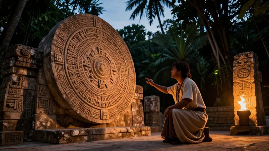 Astrónomo maya concentrado observando un gran calendario de piedra en un templo selvático al atardecer.