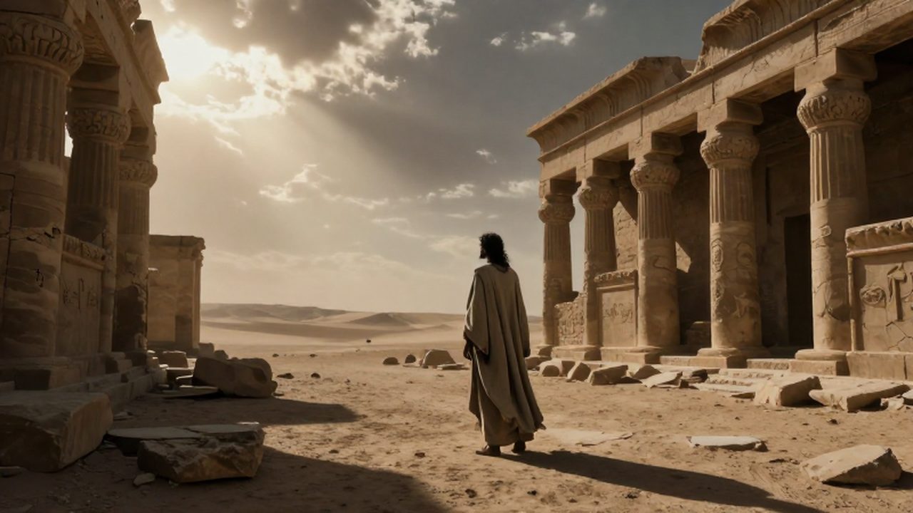 Un filósofo con túnicas de lino observa el horizonte entre las ruinas de un templo mesopotámico.
