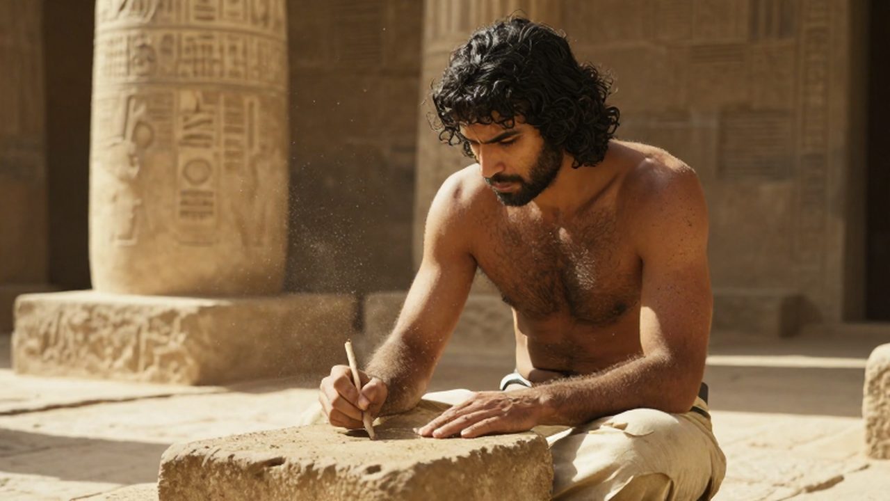 Escriba sumerio grabando caracteres cuneiformes en una tablilla de arcilla bajo la luz del sol.