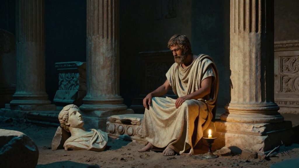 Un filósofo sentado entre las ruinas de un templo griego iluminado por una lámpara de aceite.