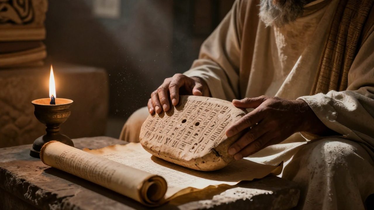 Erudito antiguo sentado en una biblioteca de piedra frente a una tablilla de arcilla con escritura cuneiforme.