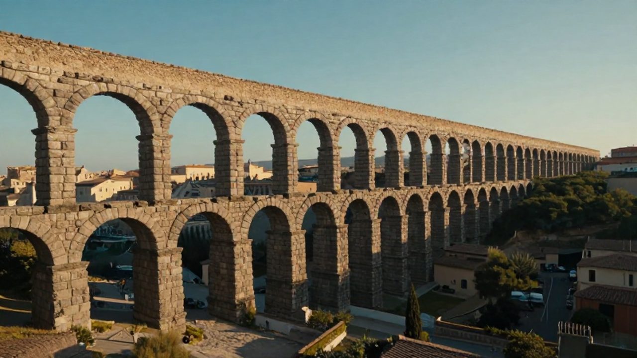 Acueducto romano de piedra que atraviesa un valle mediterráneo bajo la luz del atardecer.