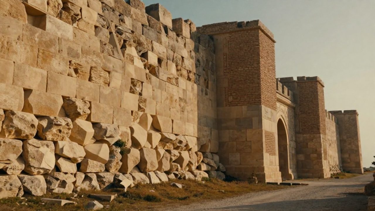 Comparativa entre una muralla griega de piedra poligonal y una fortificación romana de ladrillo y hormigón.