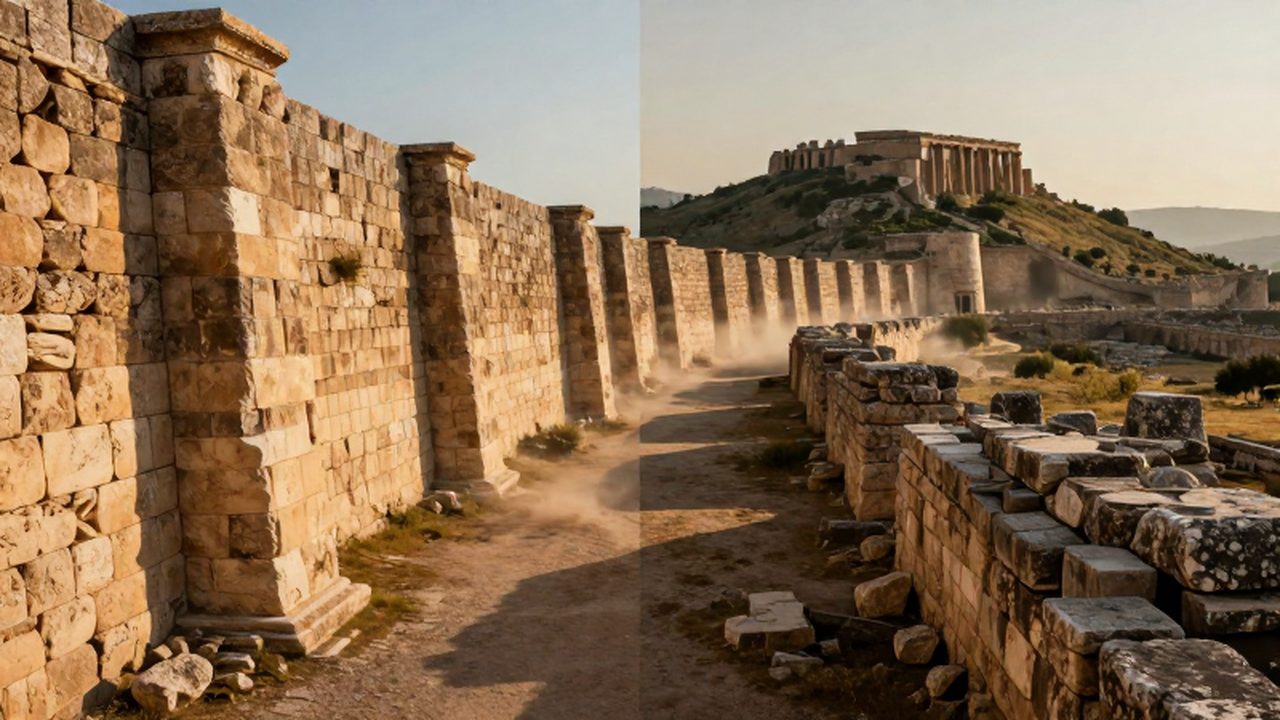 Comparativa entre una masiva muralla de piedra romana y un perímetro defensivo griego en colinas mediterráneas.