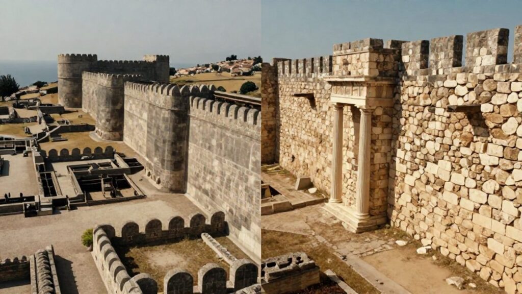 Comparativa entre una robusta muralla romana con bastiones y una muralla griega con columnas dóricas.