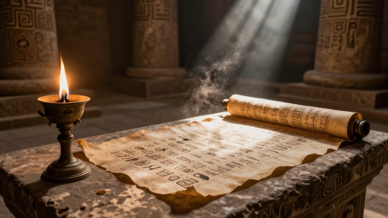 Un escriba antiguo escribe símbolos sagrados en un papiro bajo la luz de una lámpara de aceite.