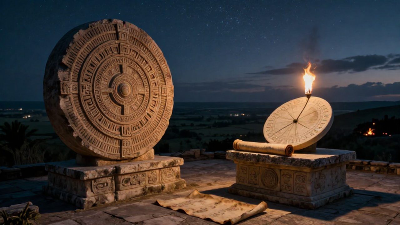 Observatorio de piedra con un calendario maya y un sundial griego bajo la luz de las antorchas.