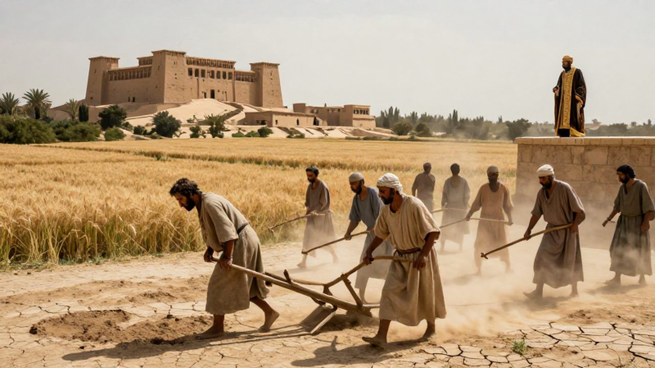 Campesinos trabajando la tierra seca frente a un palacio y zigurats en la antigua Mesopotamia.