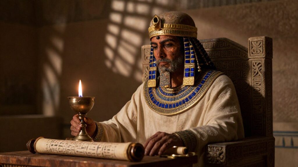 Rey mesopotámico con ornamentos de oro sentado en su trono ante un pergamino cuneiforme.