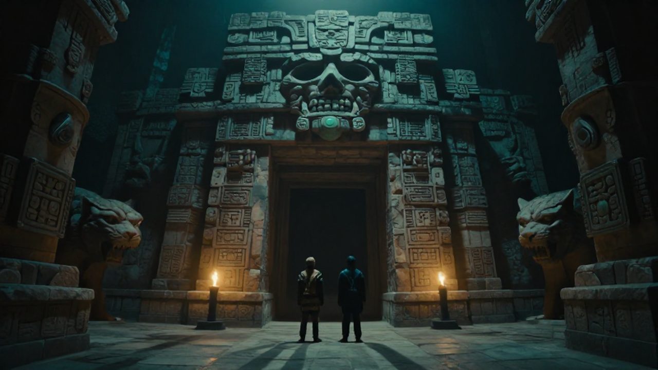 Los gemelos héroes mayas frente a la entrada de piedra de Xibalba entre niebla y antorchas.