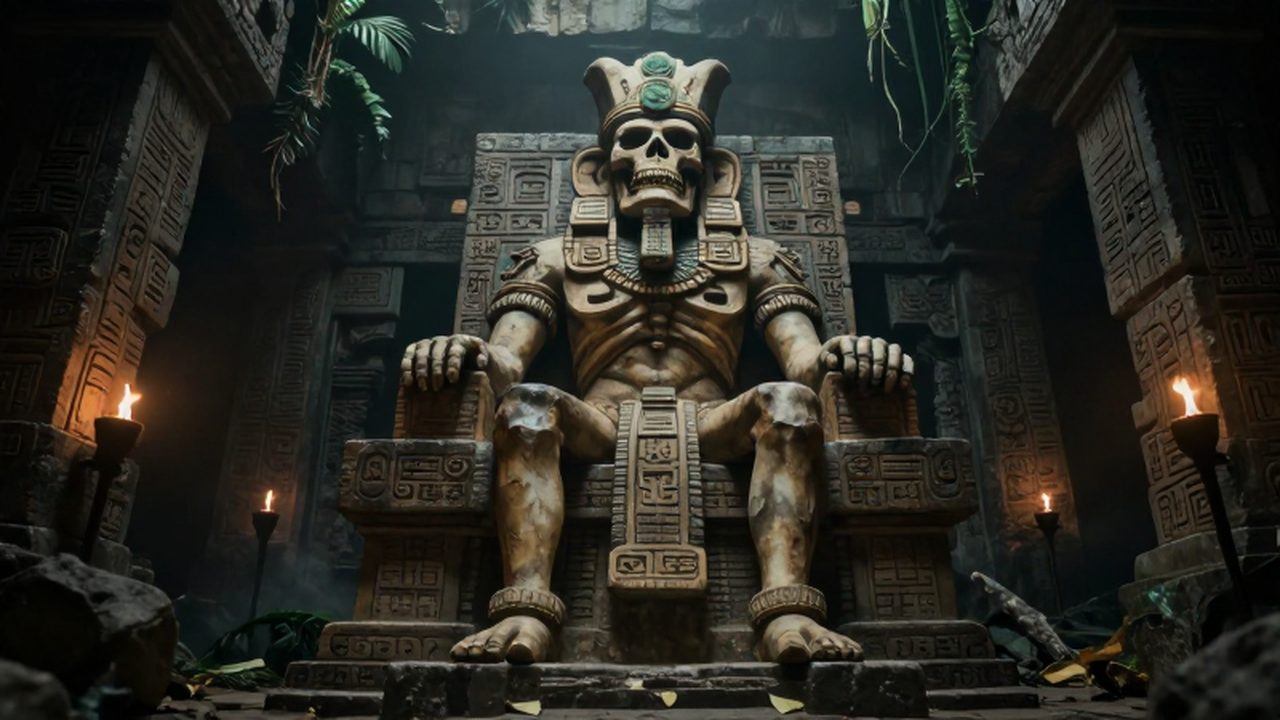 La deidad maya Ah Puch con adornos de jade sobre un trono de piedra en Xibalba.