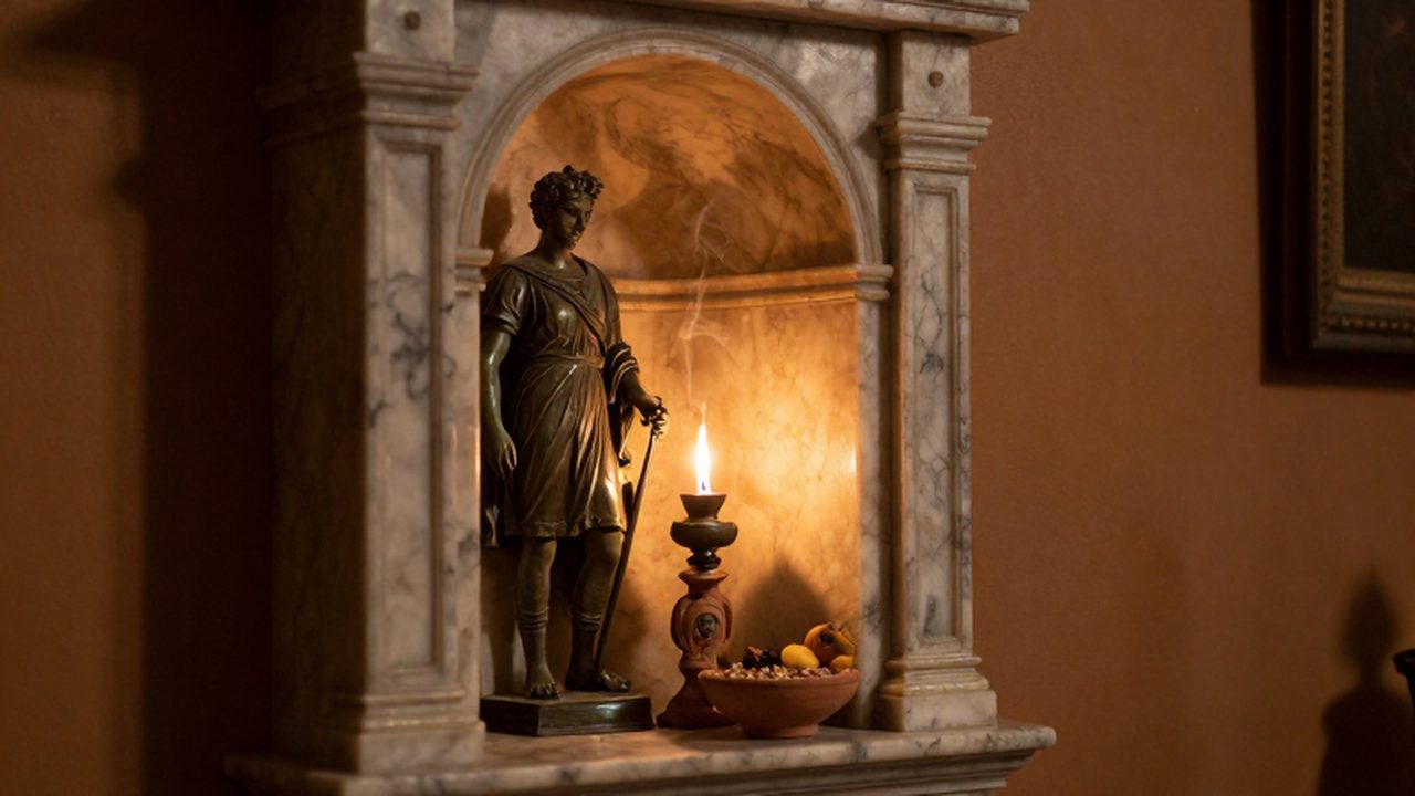 Altar doméstico romano de mármol con estatuillas de bronce, ofrendas de grano y una lámpara de aceite.