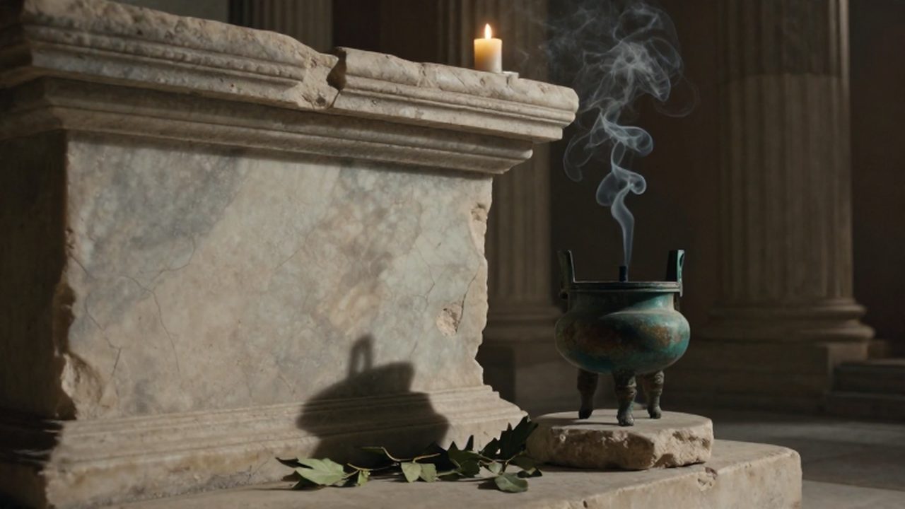 Altar de mármol en un templo romano con un incensario de bronce y hojas de laurel.