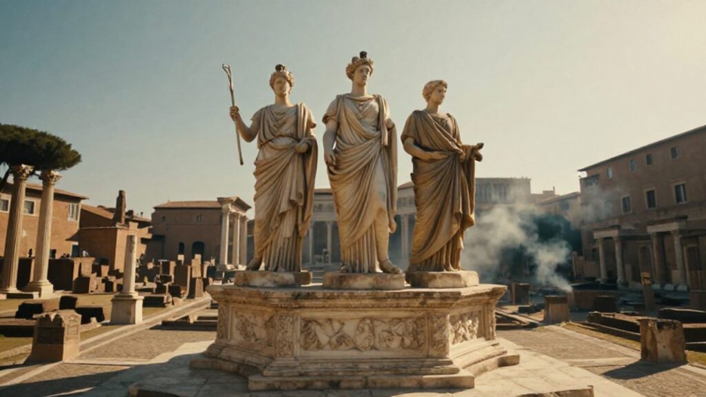 Estatuas de mármol de Júpiter y Juno sobre un templo con el foro romano al fondo.