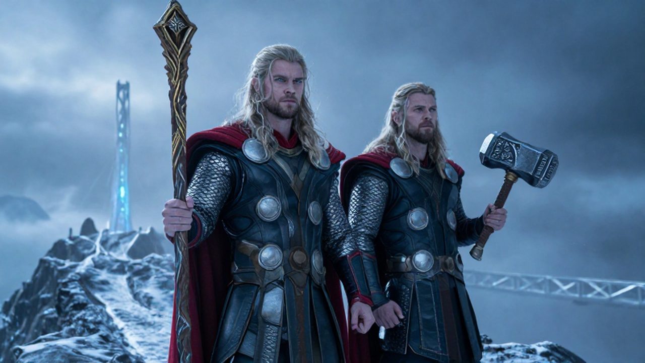 Odin con su vara y Thor con su martillo sobre un risco nevado de Asgard.