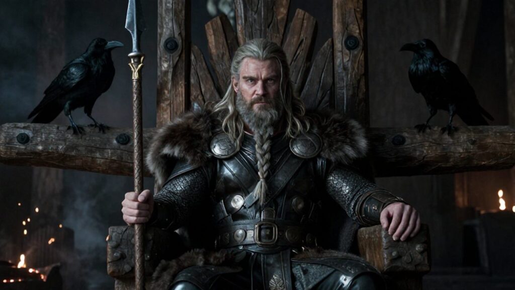 Odin con barba canosa y armadura de piel sentado en un trono de madera entre dos cuervos.