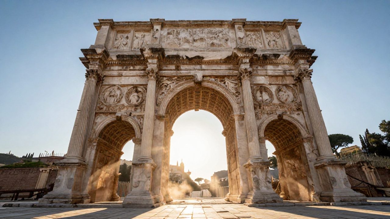 Arco de triunfo romano de mármol blanco con columnas corintias bajo la luz del atardecer.