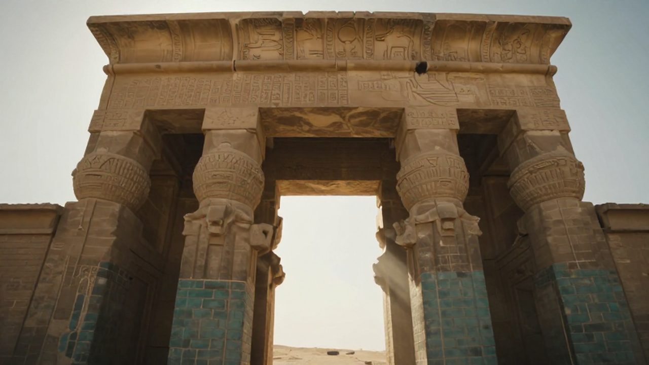 Gran puerta de piedra de un templo mesopotámico con relieves y columnas de azulejos turquesas.
