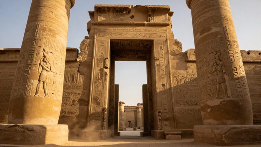 Monumental puerta de piedra con relieves jeroglíficos iluminada por la luz dorada del atardecer.