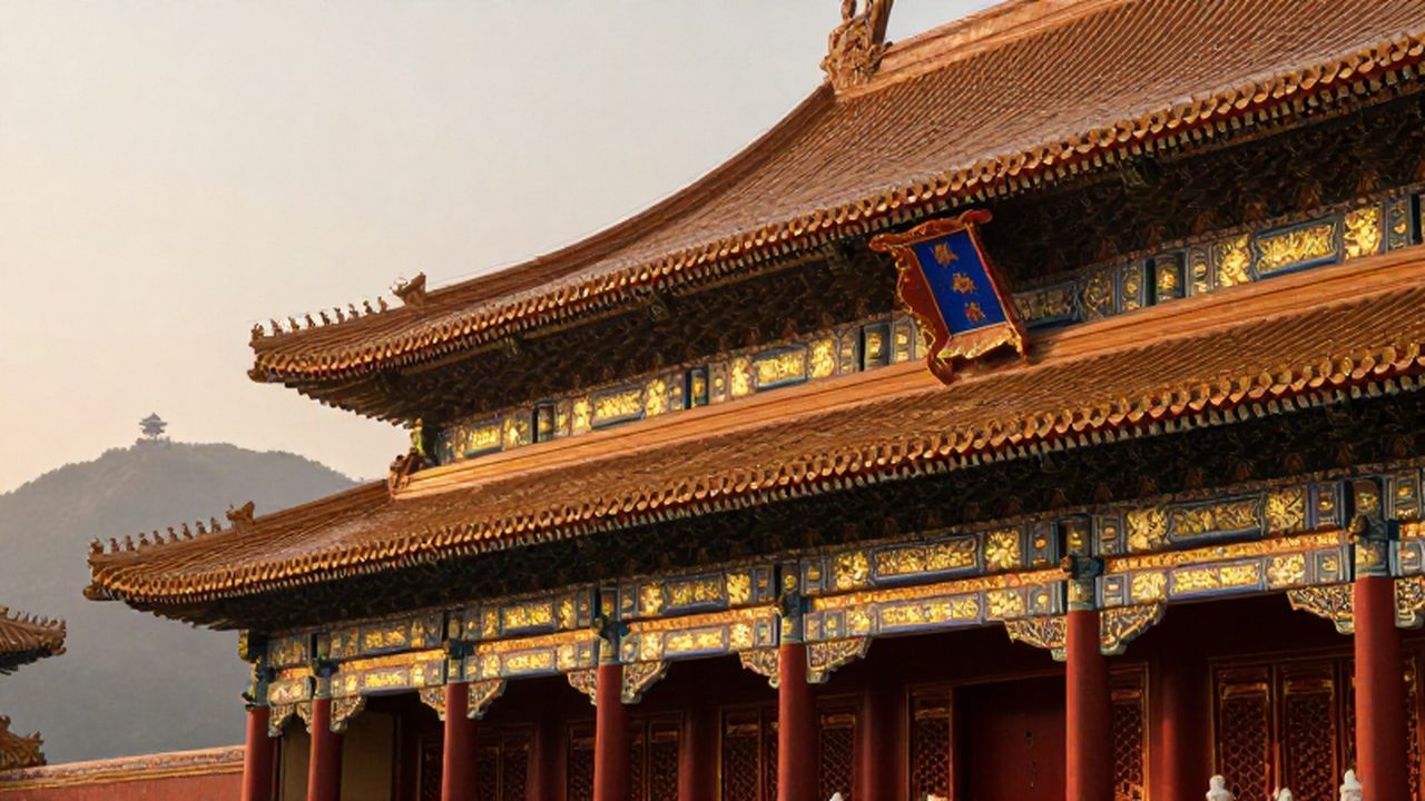 Palacio imperial chino de tejados curvos y detalles dorados bajo la luz del atardecer.