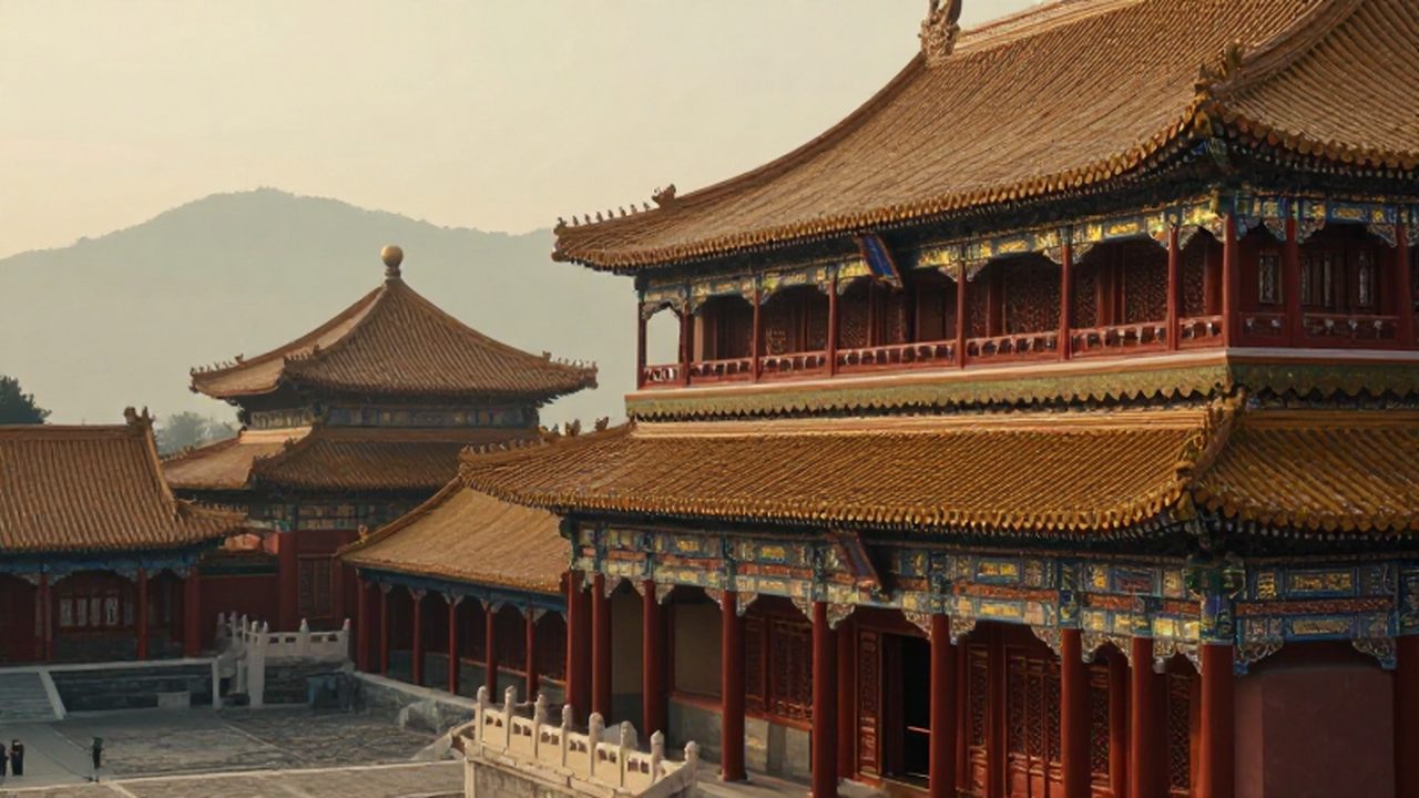 Palacio imperial chino con techos de tejas doradas y vigas rojas ante montañas neblinosas.