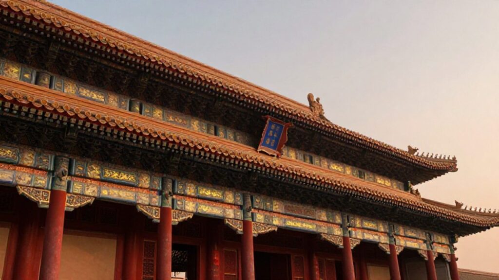 Palacio imperial chino con techos de cerámica ornamentados y columnas rojas bajo un atardecer dorado.