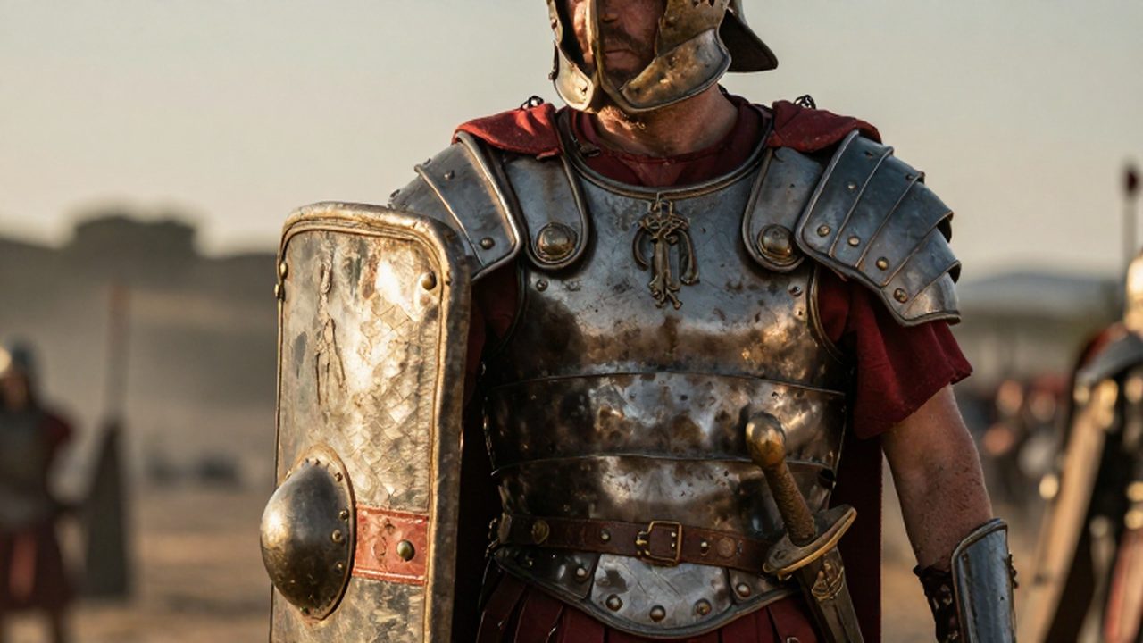 Legionario romano con armadura de acero, casco y escudo rectangular en un campo de batalla.