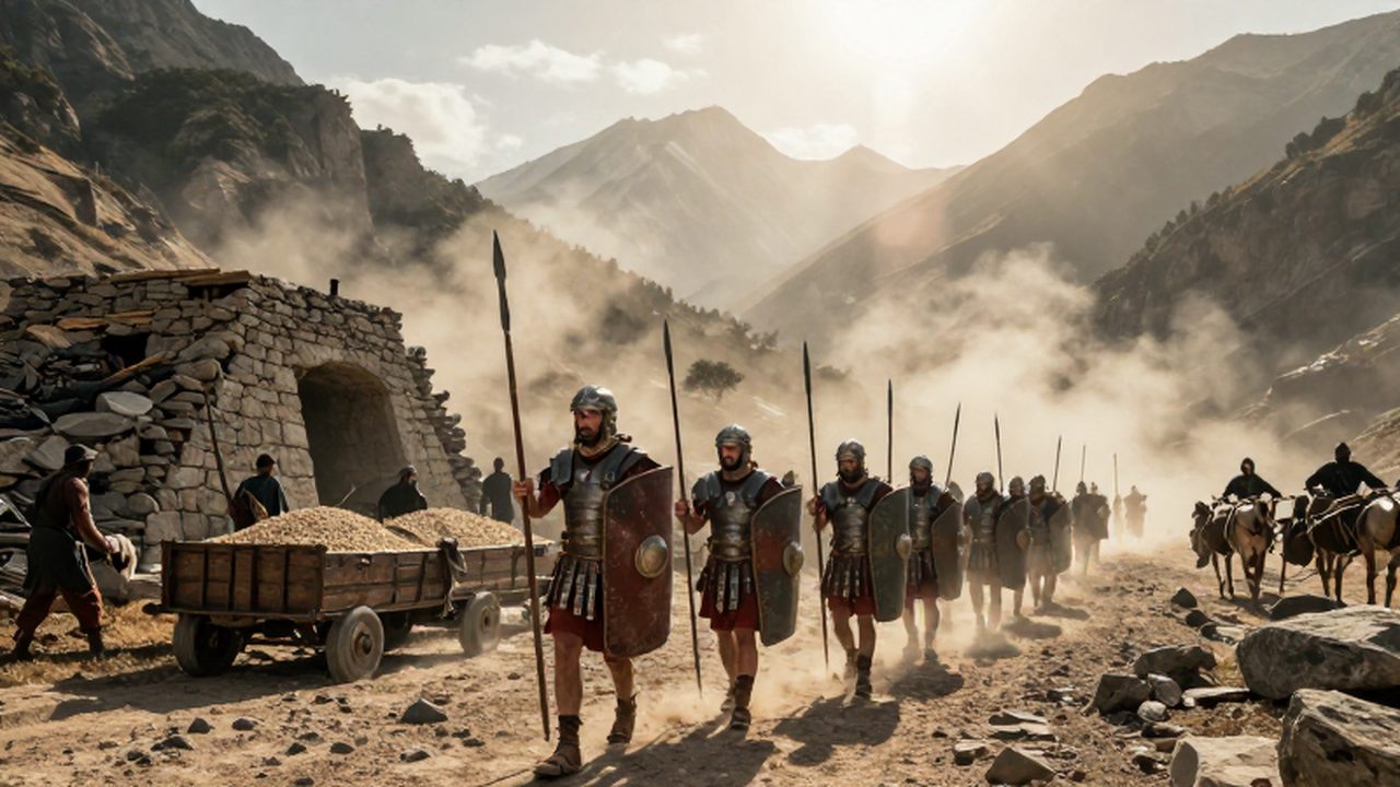 Legión romana marchando por un paso de montaña mientras ingenieros construyen un campamento fortificado.