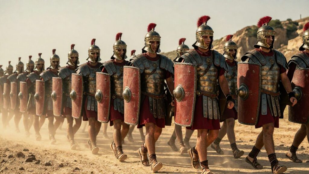 Legión romana marchando en formación por un valle mediterráneo bajo la luz del atardecer.