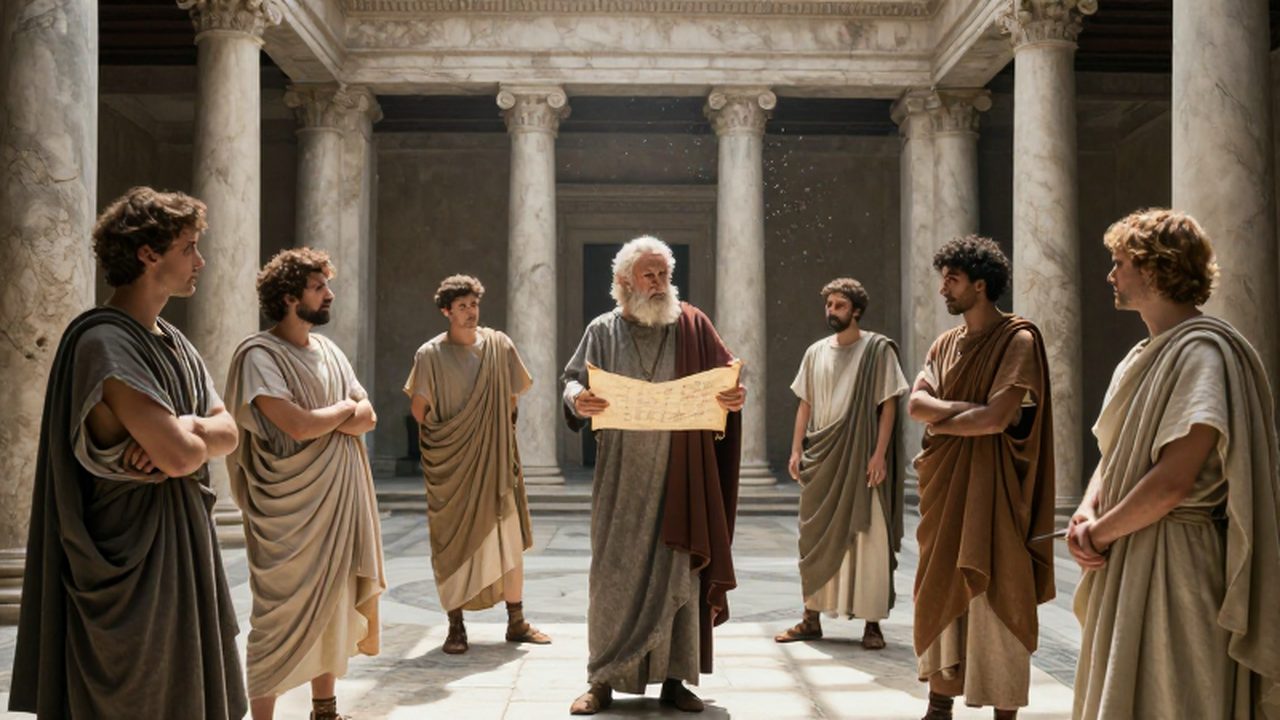 Un grupo de filósofos romanos debate en un patio de mármol iluminado por el sol.