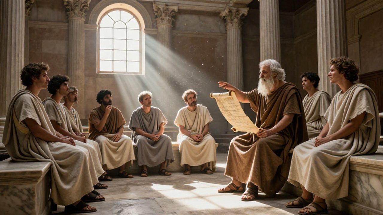Un filósofo señala un pergamino ante un grupo de sabios en una antigua sala romana.
