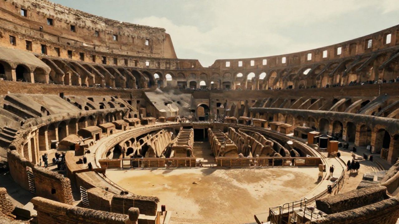 El Coliseo romano en su apogeo con espectadores en las gradas bajo la luz dorada.
