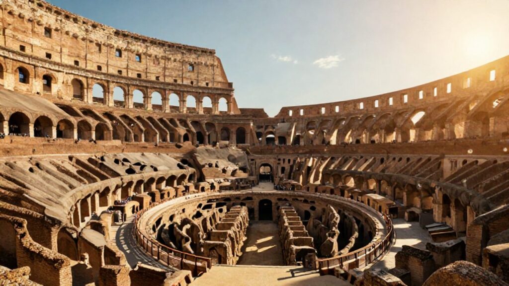El Coliseo romano reconstruido en su época de esplendor con espectadores en las gradas bajo la luz del atardecer.