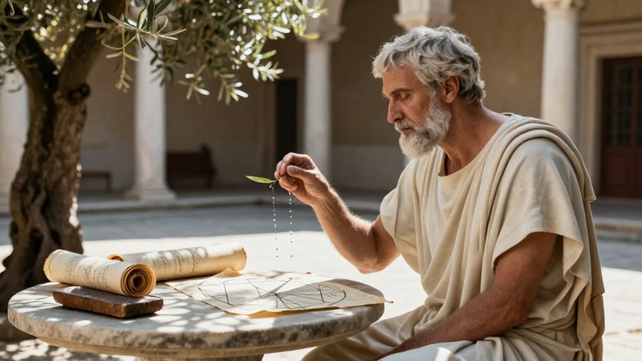 Filósofo griego observando un reloj de sol y una hoja en un patio de mármol.